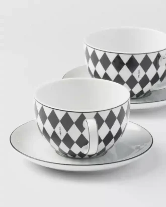 Zestaw dwóch porcelanowych filiżanek do cappuccino – szachownica