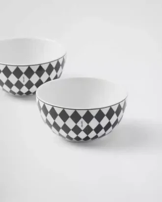 Zestaw dwóch porcelanowych misek do ryżu lub płatków śniadaniowych – szachownica